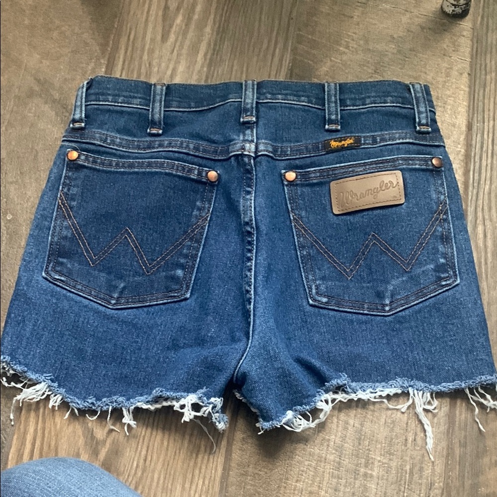 Wrangler Blue Denim Jean Shorts with Frayed Hem